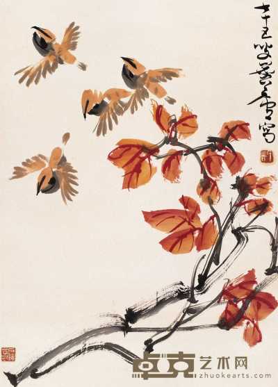 许麐庐 红叶麻雀 立轴 67×49cm